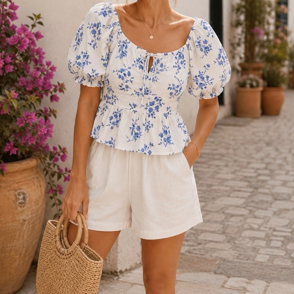 Band of the Free Blue Floral Puff Sleeve Top